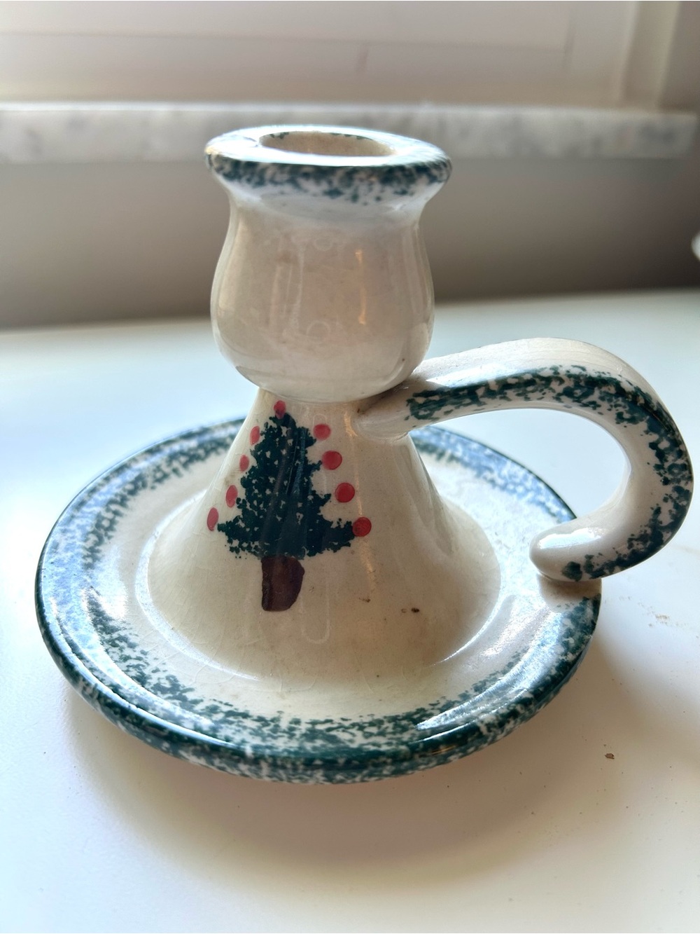 Hand-Painted Ceramic Candle Holder in White and Green